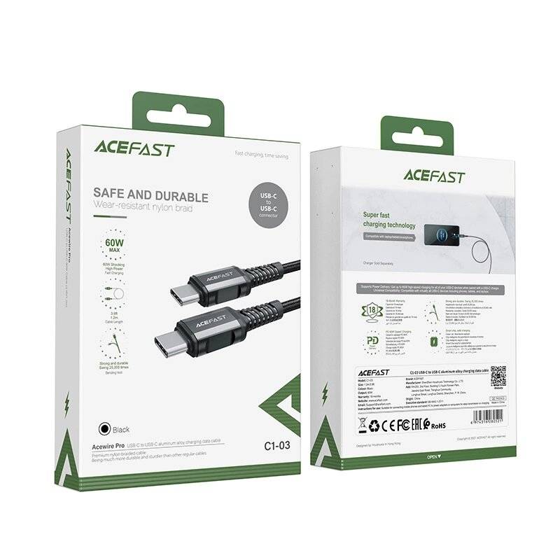 Acefast C1-03 USB-C – PD QC-Kabel 60 W 3 A 480 Mbit/s 1,2 m Schwarz