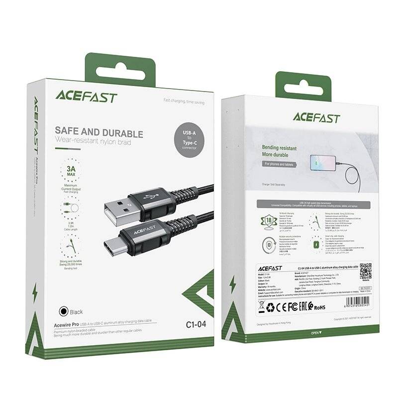 Acefast USB-Kabel - USB Typ C 1,2 m, 3 A schwarz C1-04
