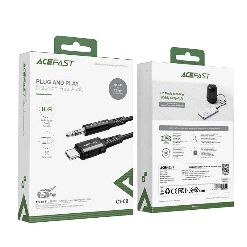 Acefast Audiokabel USB Typ C - 3,5 mm Miniklinke männlich 1,2 m, AUX schwarz C1-08