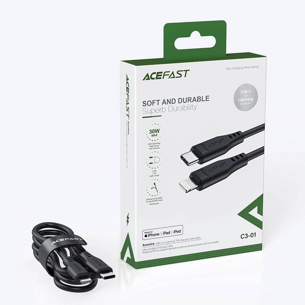 Acefast Kabel MFI USB Typ C - Lightning 1,2m, 30W, 3A schwarz C3-01