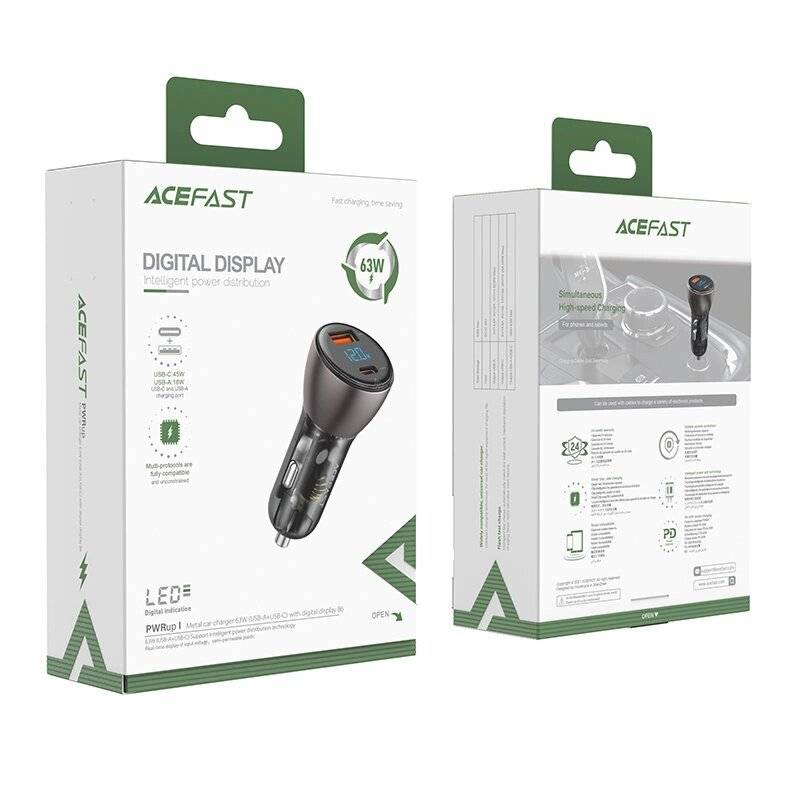 Acefast Autoladegerät 63W USB Typ C / USB, PD3.0, PPS, QC3.0, AFC, FCP, SFCP schwarz B6