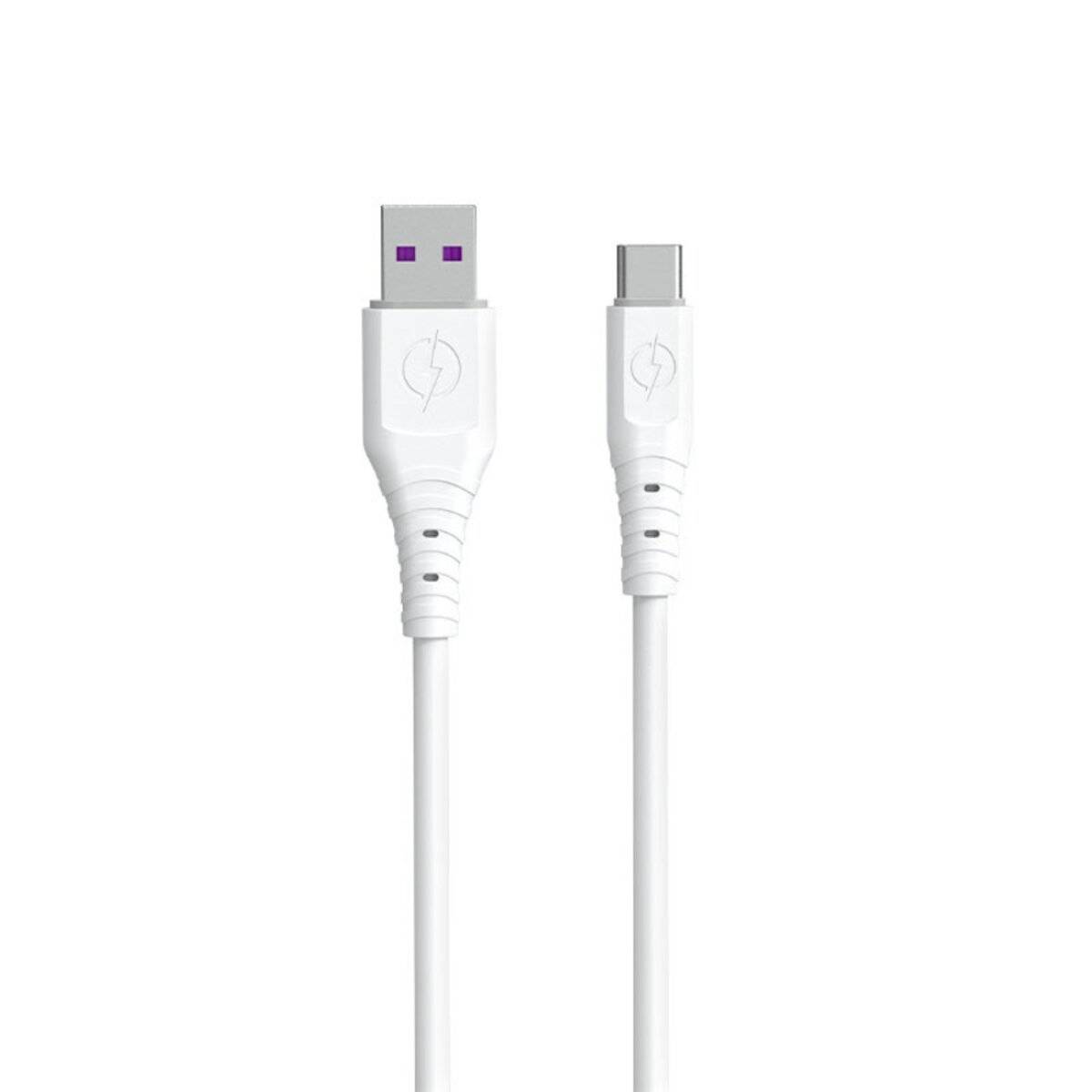 Ein weißes USB zu USB-C Kabel mit gezeigten Anschlüssen, geeignet zum Laden und Datentransfer.