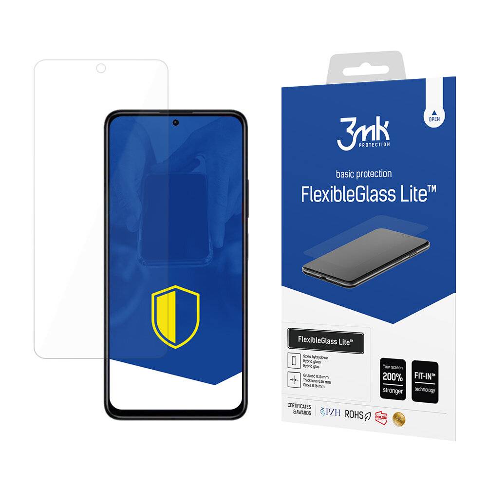 Schutzfolie für Telefon. Eigenschaften 'FlexibleGlass Lite™'. Zeigt Telefon mit Schildsymbol, Transparenzfolie und Produktverpackung.