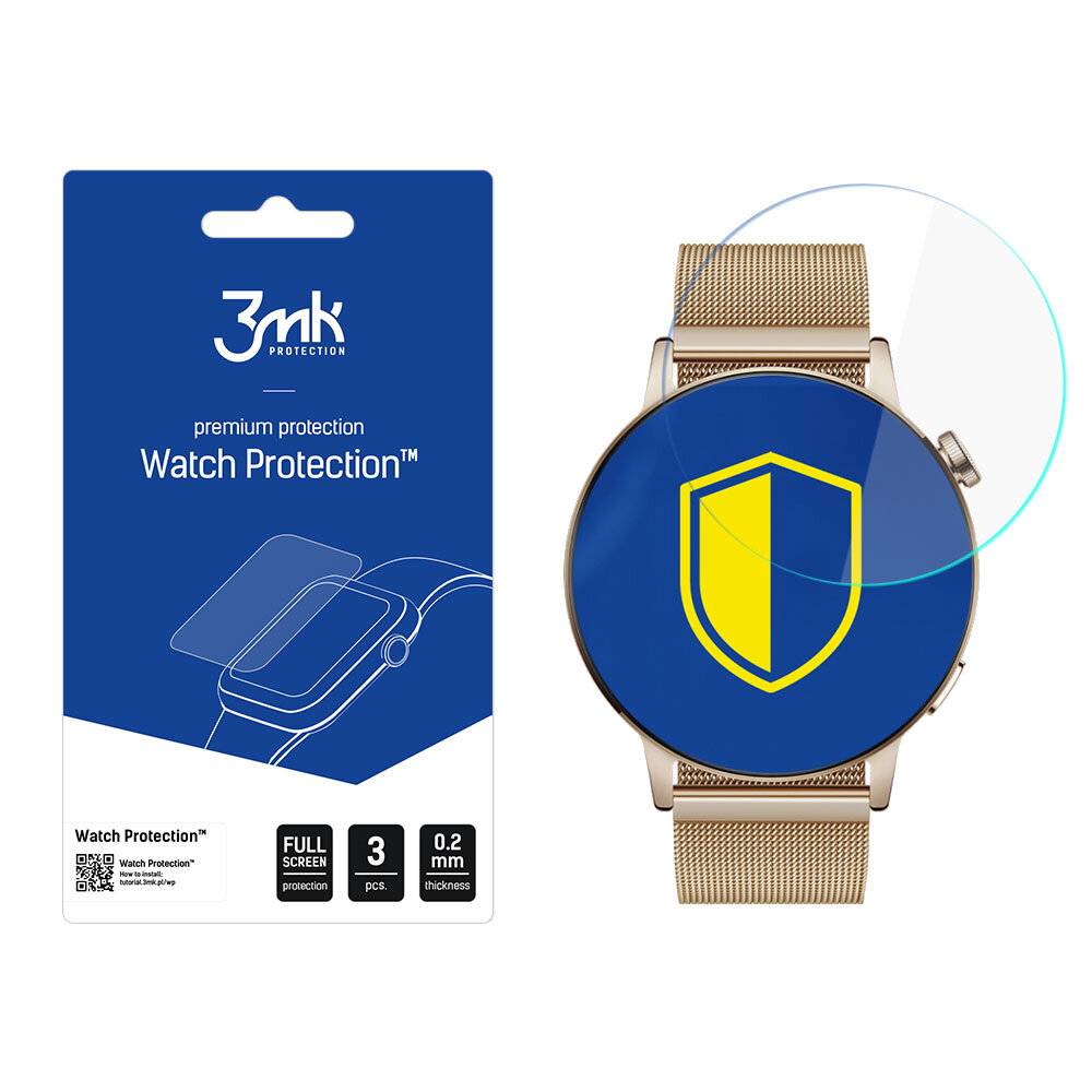 Eine Smartwatch zeigt ein Schild-Logo auf dem Bildschirm. Daneben steht auf der Verpackung „3mk protection: premium protection Watch Protection