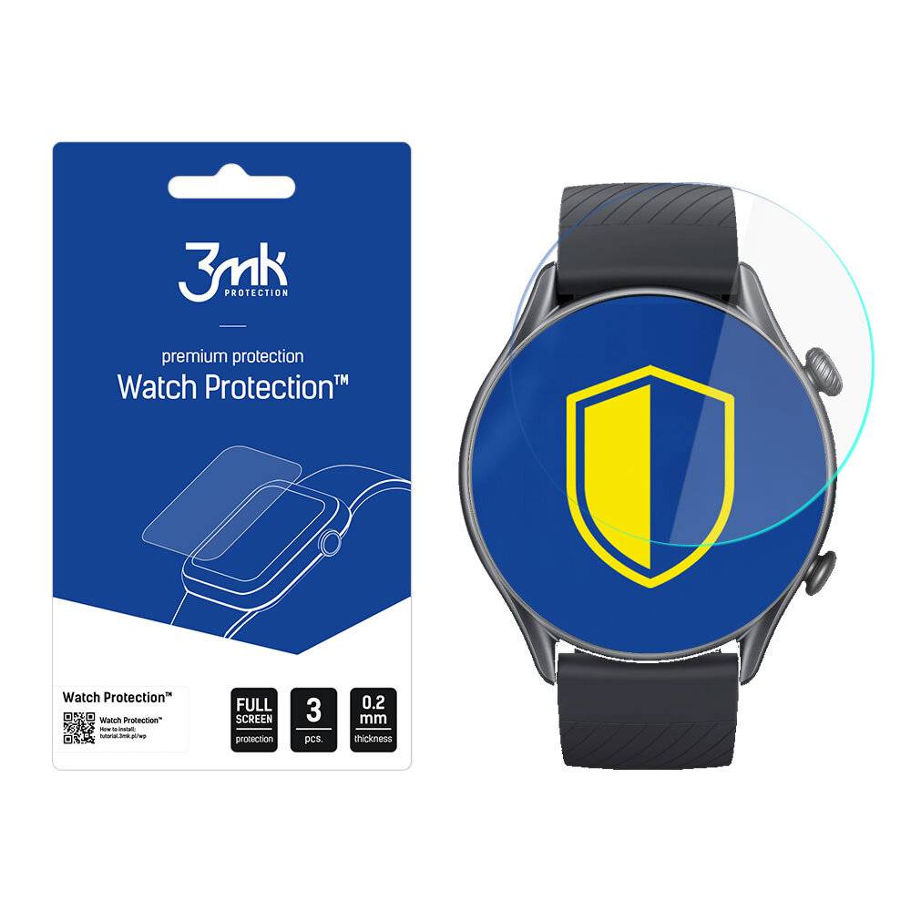 Verpackung und Displayschutz für eine Smartwatch mit einem Schildsymbol auf dem Bildschirm, das "Premium-Schutz"" hervorhebt.