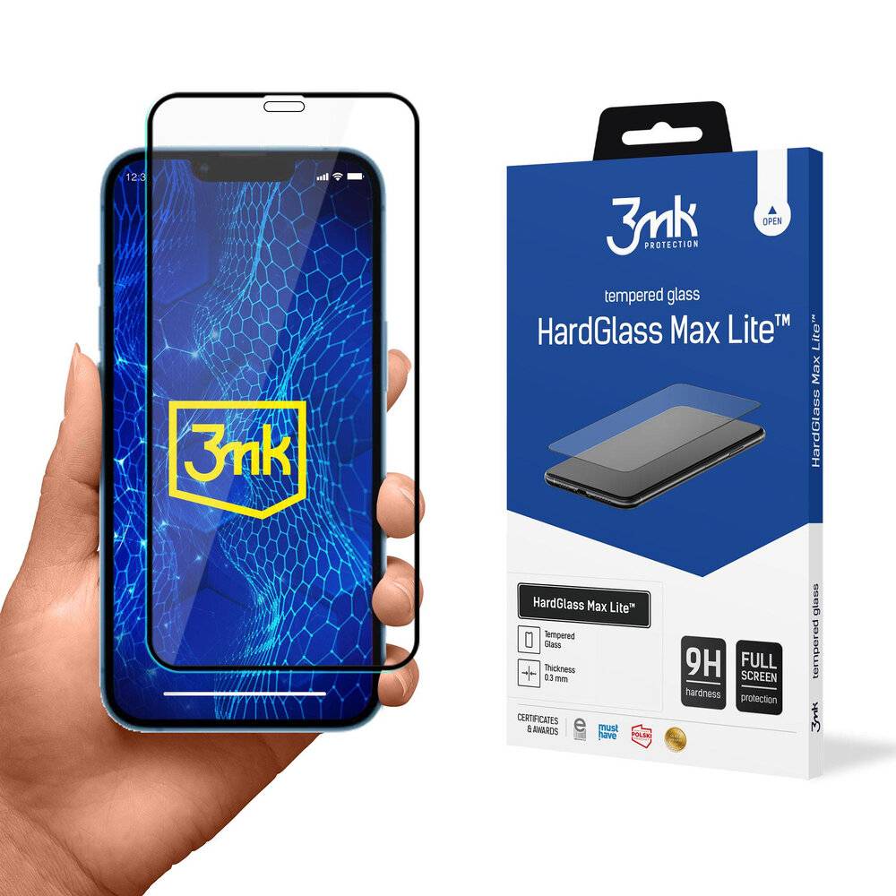 Eine Hand hält ein Smartphone, auf dem eine 3mk-Displayschutzfolie zu sehen ist. Neben dem Smartphone zeigt die Verpackung die 3mk-Markenbezeichnung 