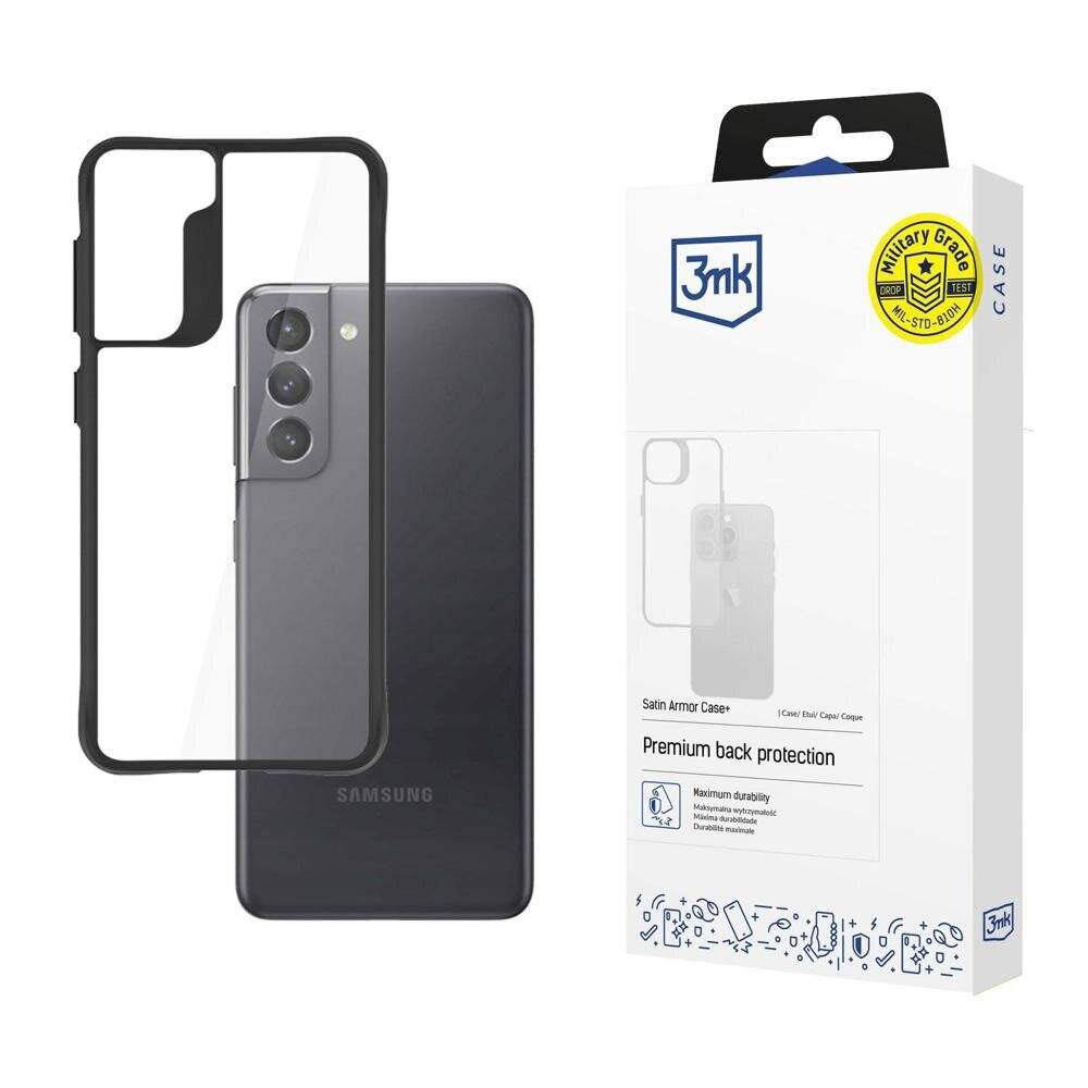 Ein Smartphone neben einer transparenten Schutzhülle und Verpackung. Die Verpackung trägt die Aufschrift '3mk Satin Armor Case, Premium back protection.