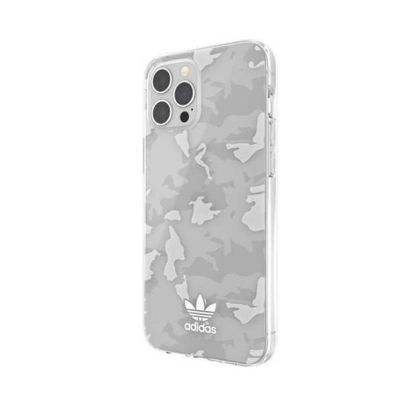 Eine transparente Handyhülle mit grauem Camouflage-Muster und dem Adidas-Logo in der Nähe des unteren Randes, entworfen für ein Modell mit drei Rückkameras.