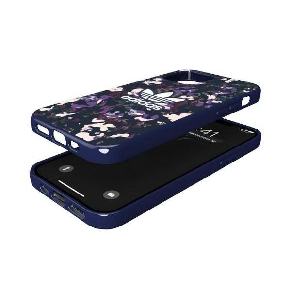 Zweischichtige Smartphone-Hülle von Adidas mit floralem Camouflage-Muster in Violetttönen, die Schutz und Stil bietet.
