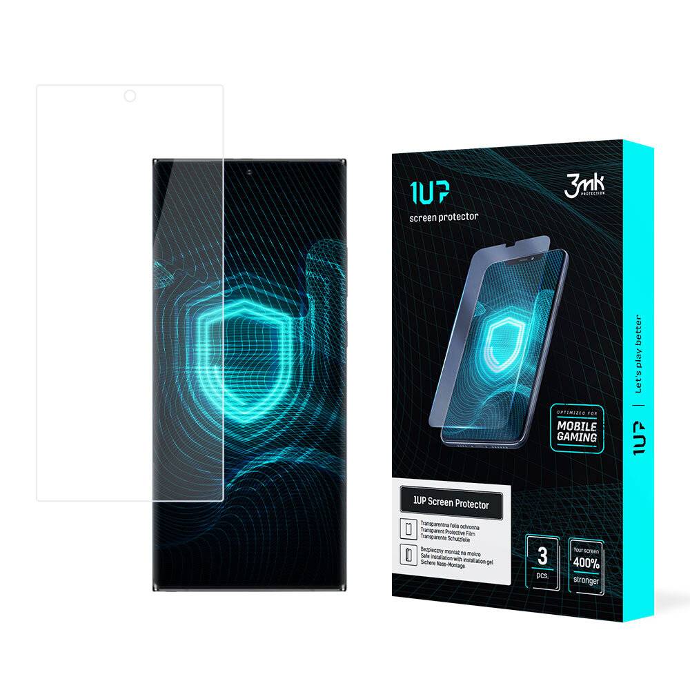 1UP-Bildschirmschutzfolien-Paket mit einer klaren Schutzfolie über einem digitalen Gerät mit leuchtendem blauem geometrischem Design. Enthält 3 Stück.