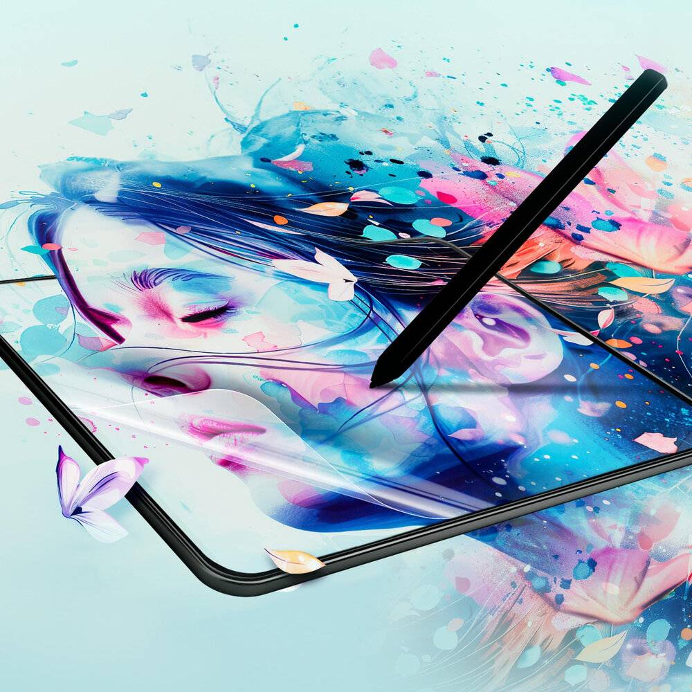 Ein digitales Tablet zeigt ein künstlerisches Bild eines Frauengesichts, umgeben von lebendigen Farbspritzern, mit einem Stylus-Stift, der darauf ruht.