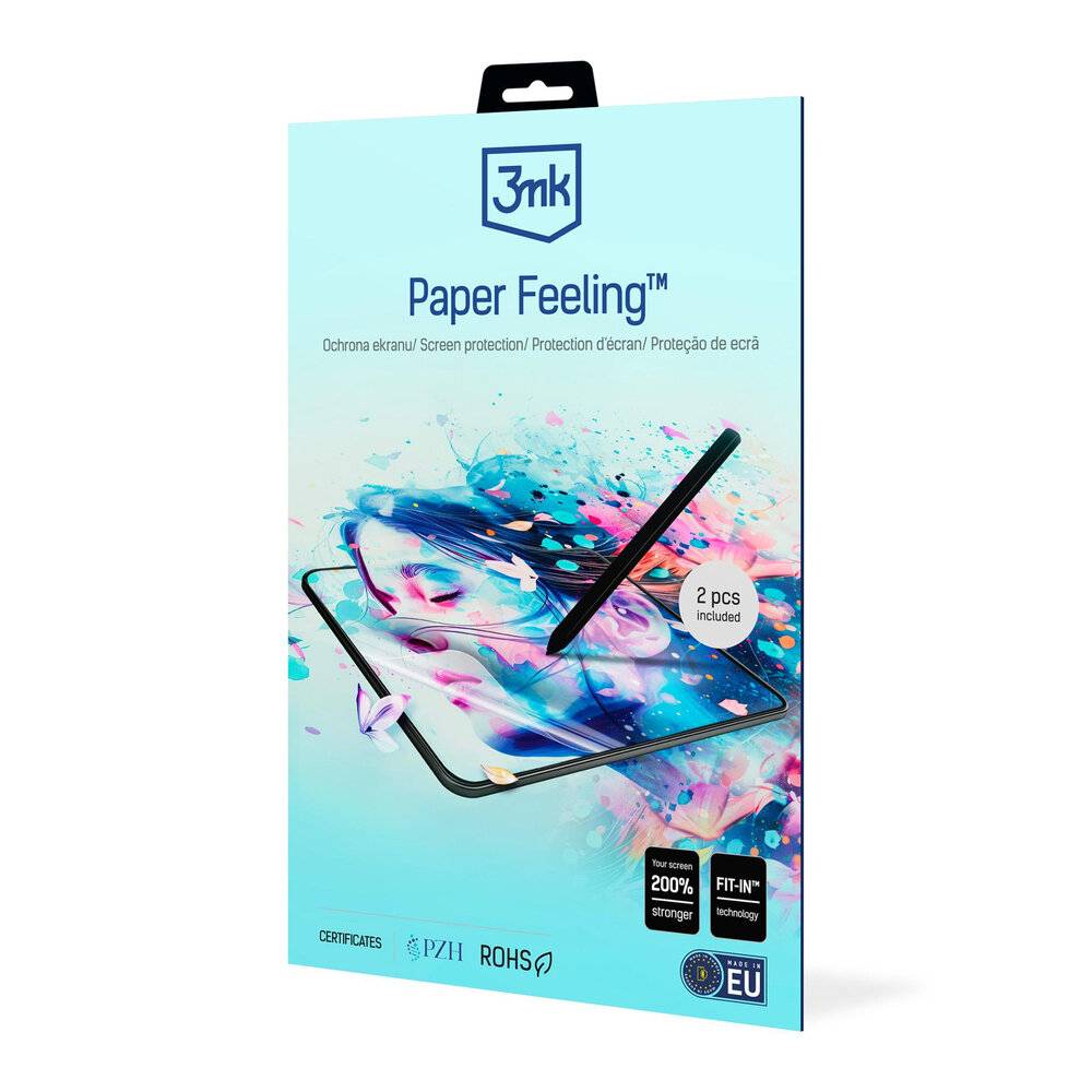 Paket mit 3mk Paper Feeling Displayschutzfolie für Tablets, mit einem Stift in Verwendung. Enthält zwei Stücke mit 200% stärkerer Schutzwirkung.
