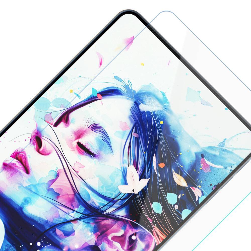 Ein Smartphone mit einem lebendigen, künstlerischen Display, das das Gesicht einer Frau zeigt, umgeben von bunten abstrakten Formen und Blättern.