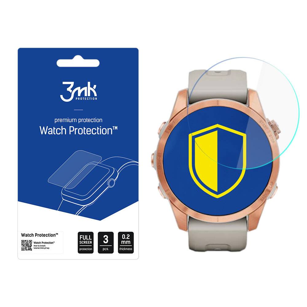 3mk Protection Watch Protection' Verpackung neben einer Smartwatch mit einem blau-gelben Schildsymbol auf dem Display.