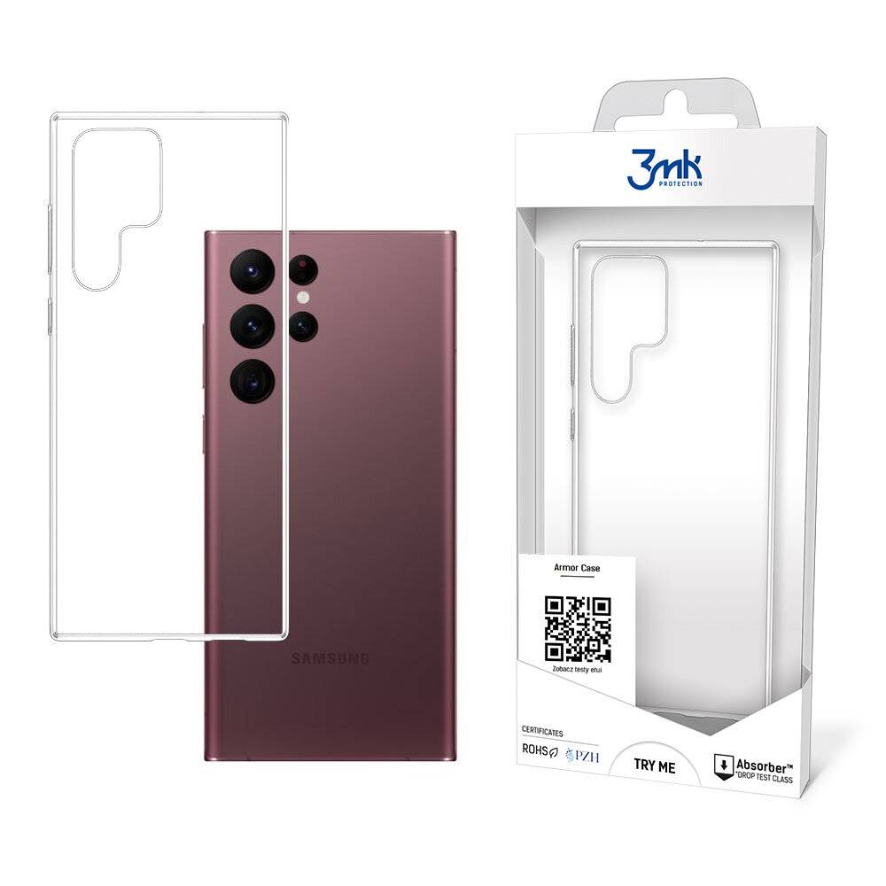 Smartphone mit einer transparenten Schutzhülle neben seiner Verpackung. Die Verpackung zeigt das Markenlogo und einen QR-Code.