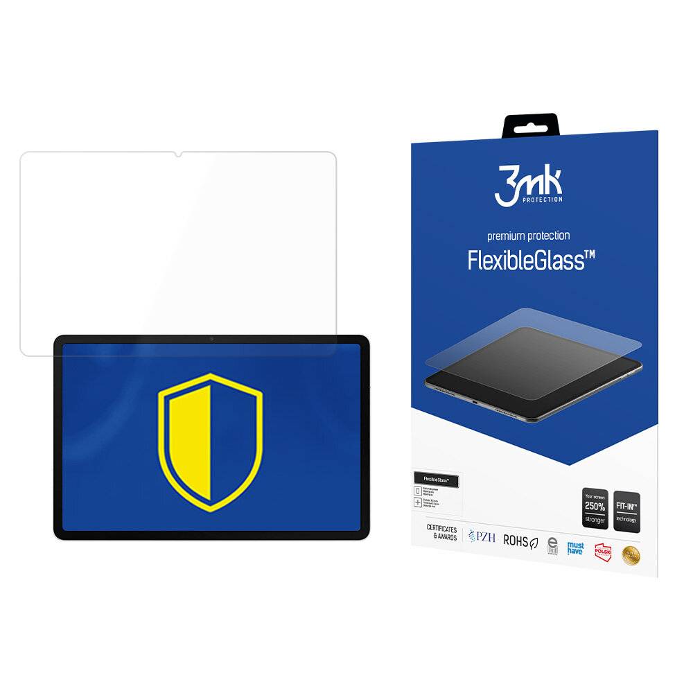 Tablet mit blauem Bildschirm zeigt ein gelbes Schildsymbol an, daneben befindet sich die Verpackung für einen '3mk FlexibleGlass' Displayschutz.