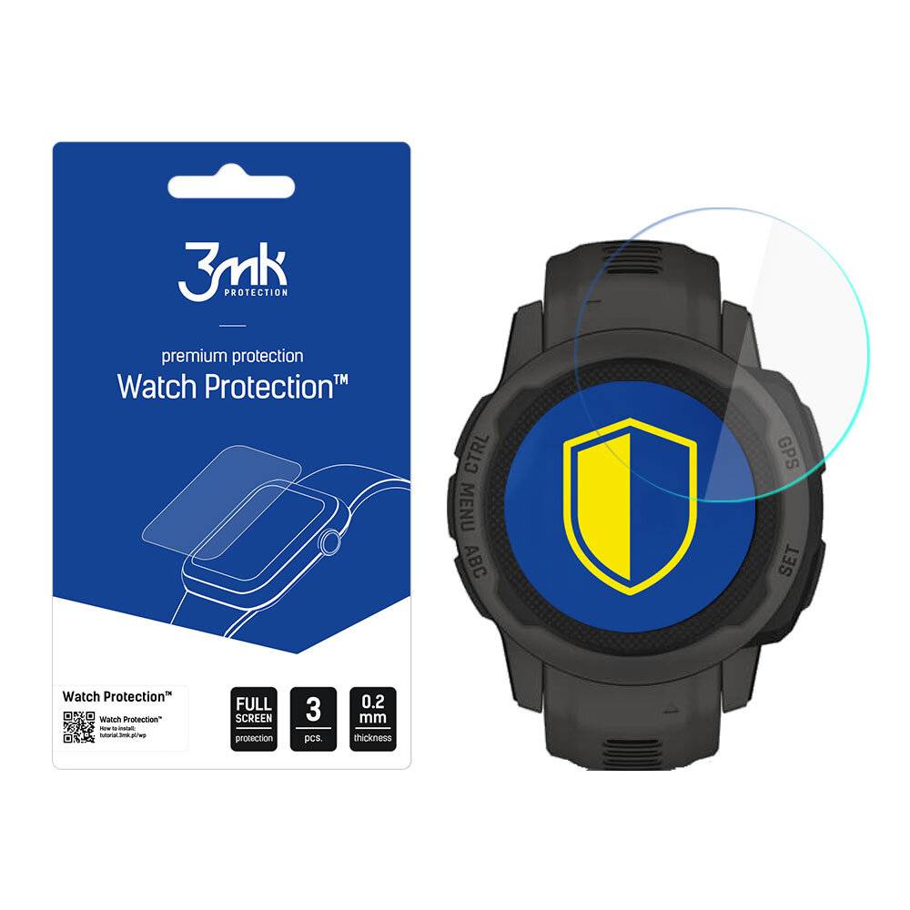 Packung '3mk Premium Protection Watch Protection' mit einem Full-Screen-Schutz für Uhren, enthält drei 0,2 mm dicke Stücke.