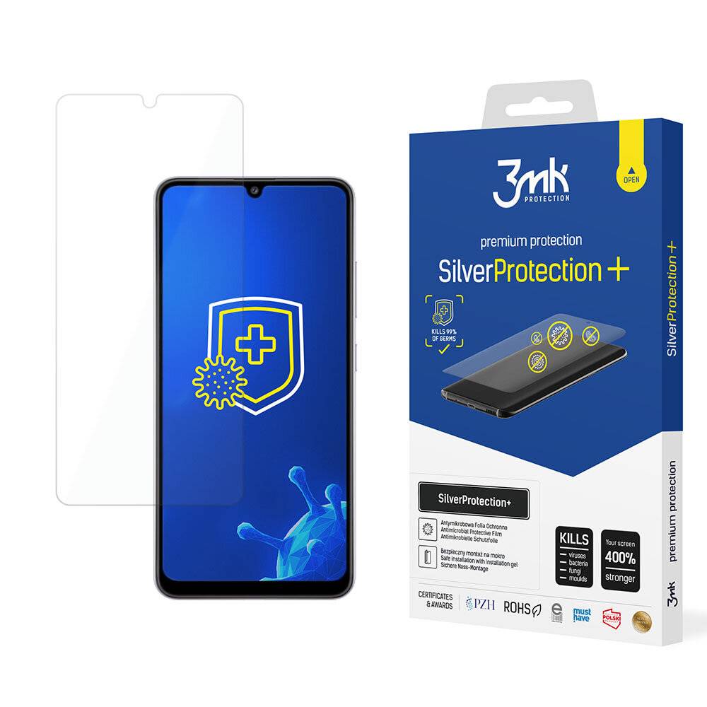 Das Bild zeigt ein Smartphone mit einer Displayschutzfolie. Die Verpackung trägt die Aufschrift „3mk SilverProtection+