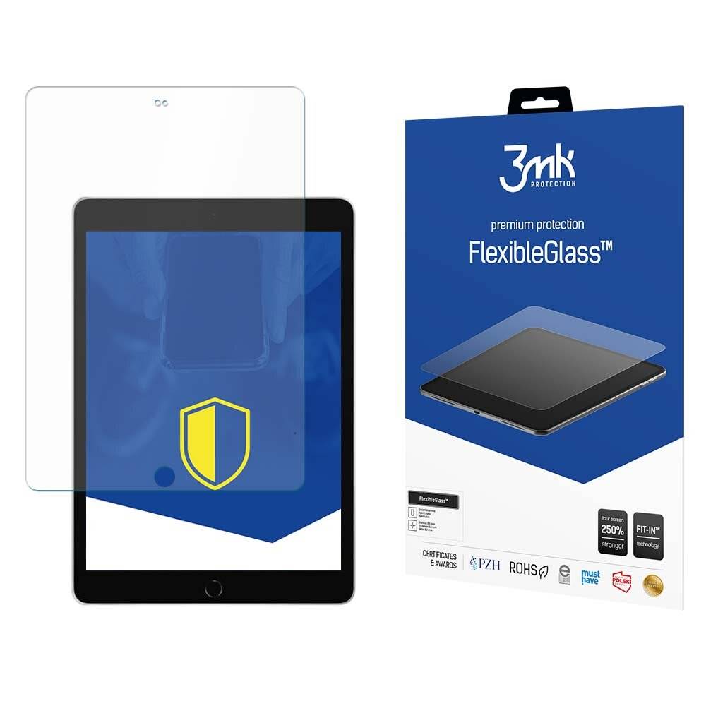 Tablet mit Schildsymbol und transparenter Displayschutzfolie neben einer Verpackung von „3mk FlexibleGlass