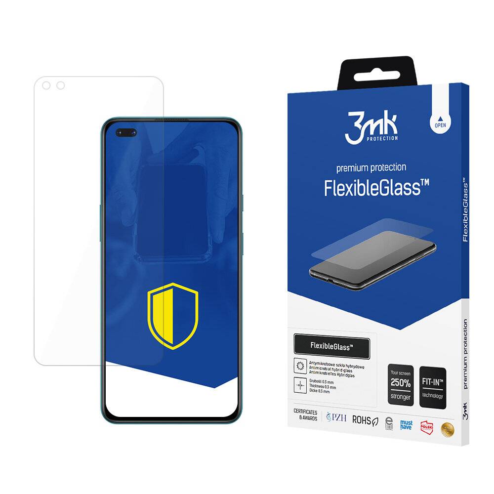 Smartphone mit Displayschutz neben einer Verpackung mit der Aufschrift „3mk FlexibleGlass
