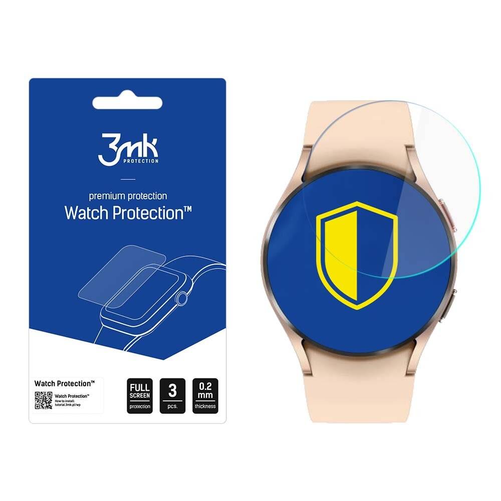3mk Watch Protection' Displayschutzfolie Verpackung neben einer Smartwatch mit einem blau-gelben Schildsymbol auf dem Bildschirm.