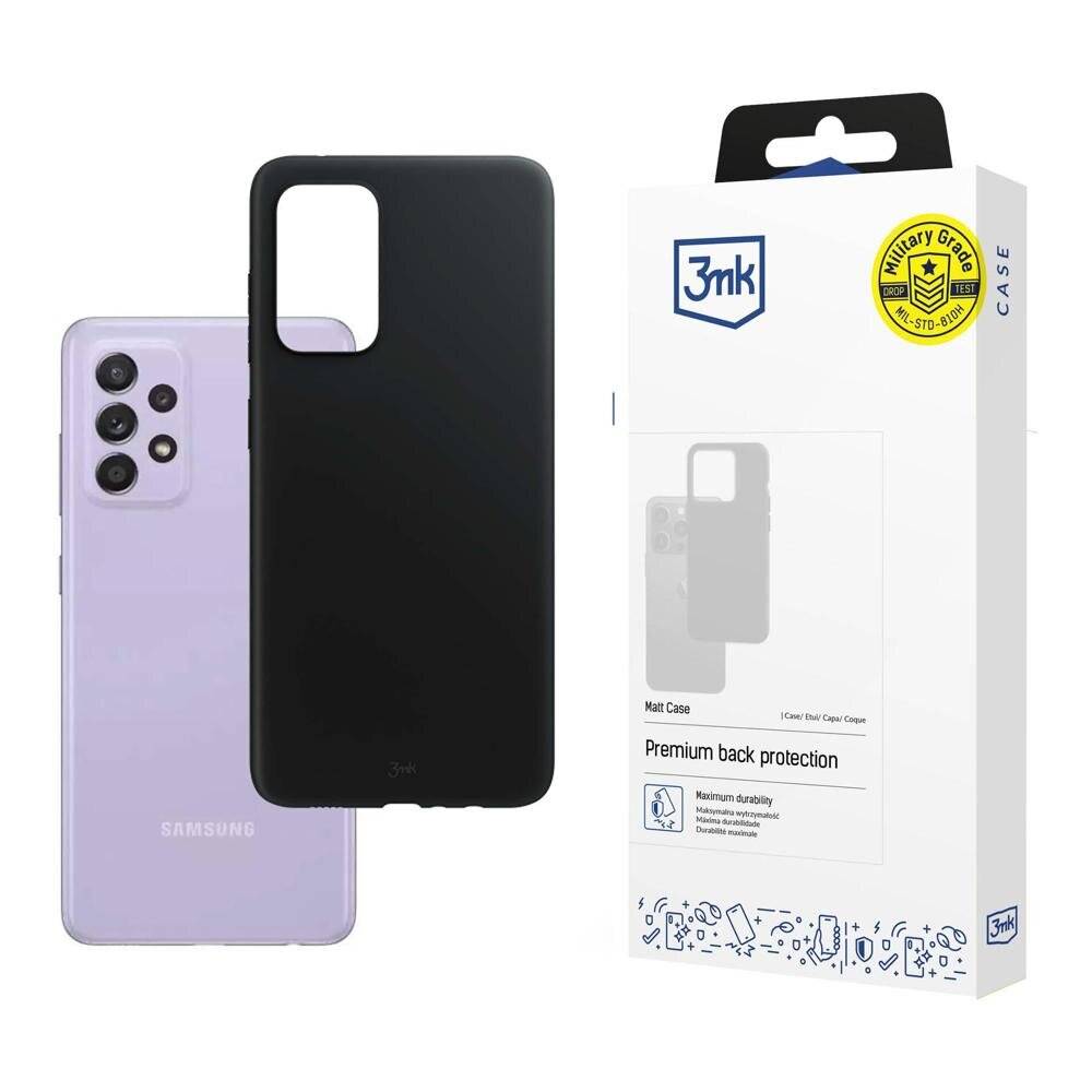 3mk Matte Case für Samsung Galaxy A52/A52 5G/A52s Verpackung neben einem violetten Samsung Telefon. Zu den Funktionen gehört Premium-Rückenschutz.