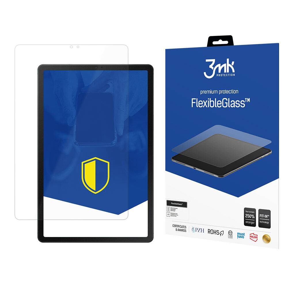 Displayschutzfolie-Bild mit einem Tablet und einer transparenten Glassicht teilweise darüber. Die Verpackung auf der rechten Seite trägt die Aufschrift „FlexibleGlass™