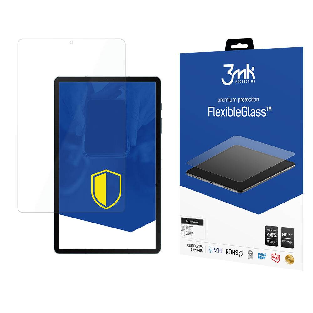 Ein Displayschutz für Tablets wird mit einer Verpackung mit der Bezeichnung „3mk Protection FlexibleGlass