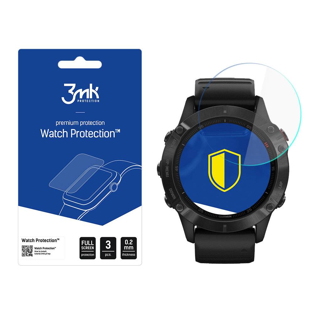 3mk Premium Protection Uhren-Schutz Verpackung neben einer Smartwatch mit angebrachter Schutzschicht.
