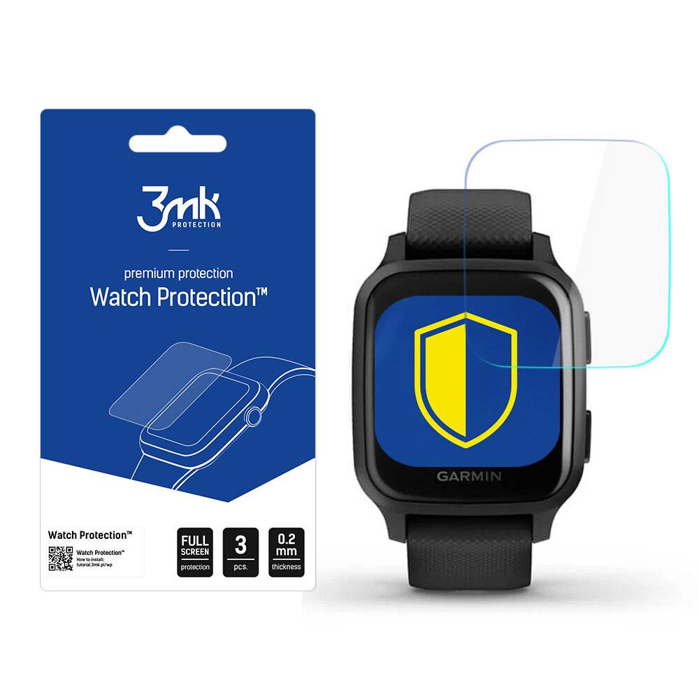 Paket mit 3 Displayschutzfolien für Garmin-Smartwatch. Enthält eine Abbildung der Uhr mit Schildlogo, das vollständigen Displayschutz anzeigt.