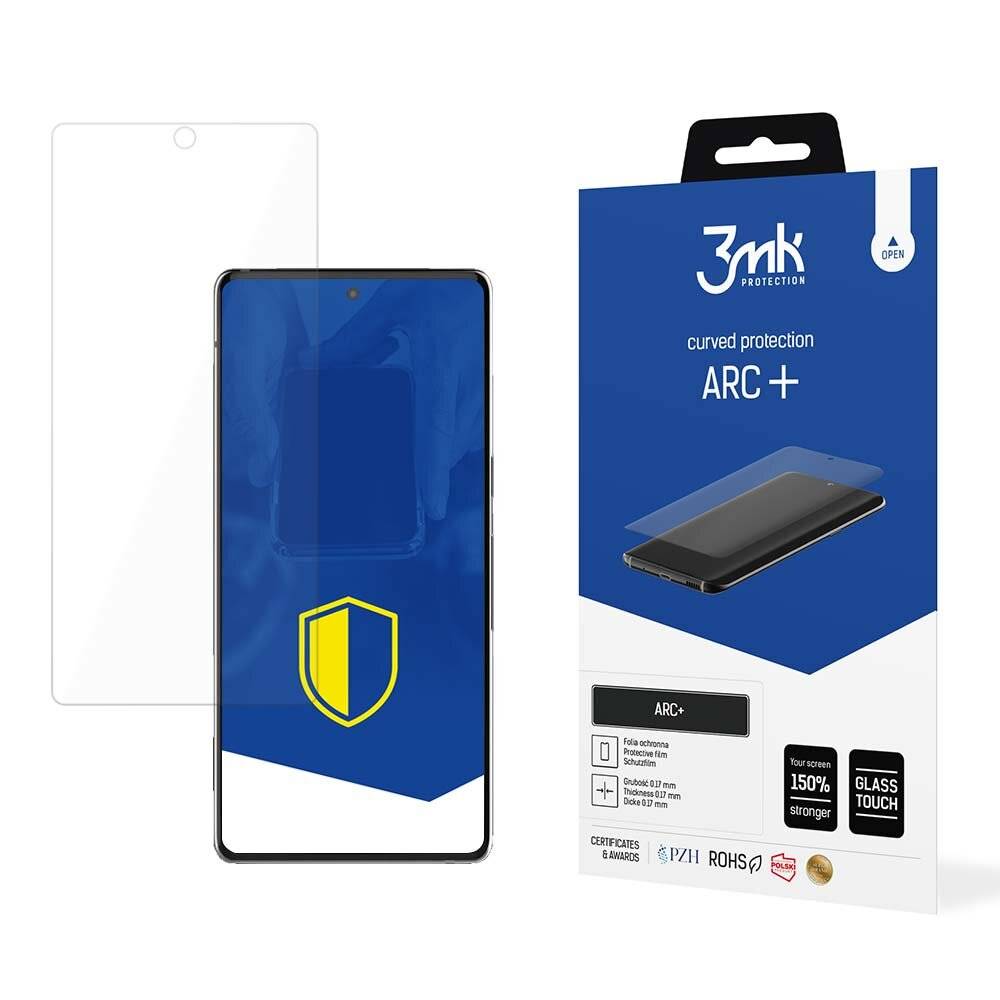 Ein Smartphone mit einem blauen Bildschirm, das ein Schildsymbol anzeigt, neben einer Displayschutzfolie für das Telefon und deren Verpackung mit der Bezeichnung „3mk ARC+