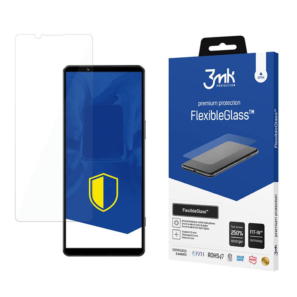 Schutzfolien-Verpackung mit einem Smartphone, das ein Schutzschild-Symbol anzeigt. Die Verpackung hebt 