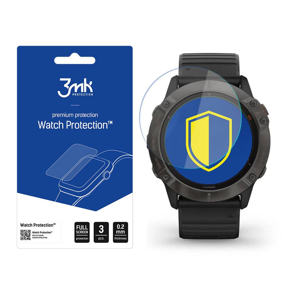 Uhr mit Schildsymbol auf dem Bildschirm und Verpackung für 3mk Watch Protection, mit Hervorhebung der vollständigen Bildschirmabdeckung und 0,2 mm Dicke.
