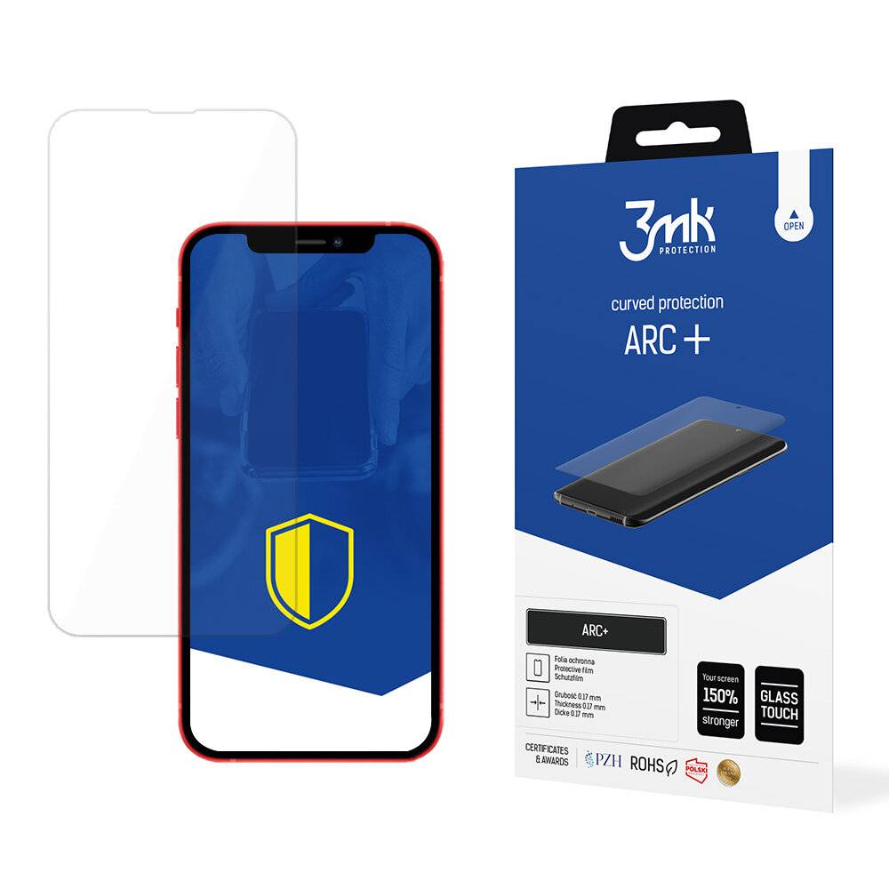 Ein Smartphone mit einem Schutzschild-Symbol auf dem Bildschirm steht neben einer Verpackungsbox für eine '3mk Protection ARC+' Displayschutzfolie.