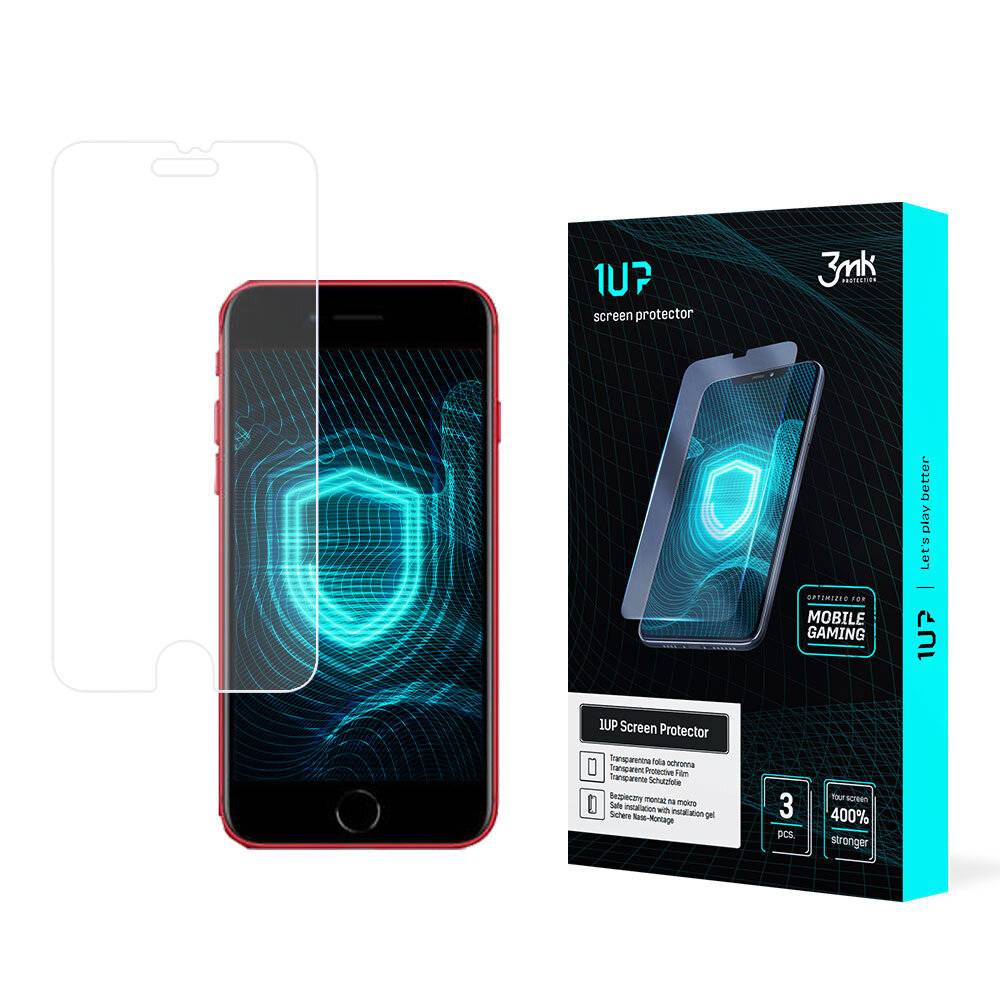 Ein Smartphone mit einem sichtbaren Displayschutz, der ein digitales Schildsymbol anzeigt. Daneben wird eine 1UP-Displayschutz-Verpackung gezeigt.