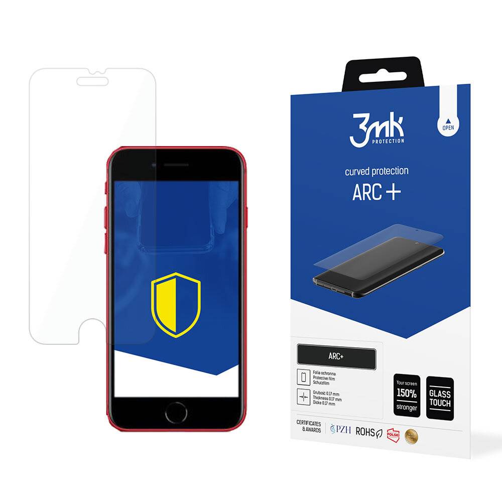Smartphone mit Displayschutz neben Verpackung; Markenname „3mk Protection