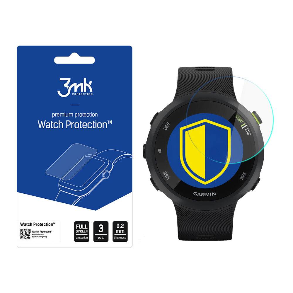 Eine Smartwatch zeigt einen blauen Bildschirm mit einem gelben Schild an. Die daneben liegende Verpackung trägt die Aufschrift „Watch Protection