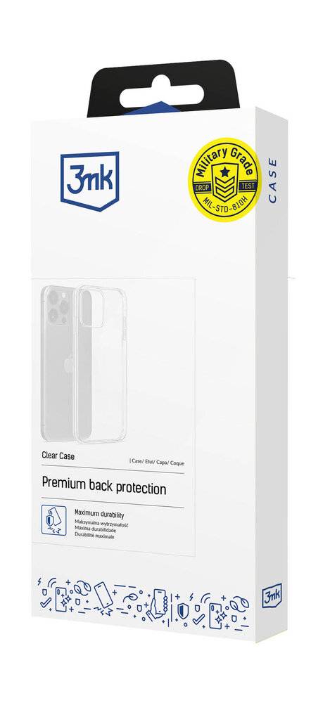 Handyhülle Verpackung mit Produktbild einer transparenten Hülle für iPhone 13 Pro Max, gekennzeichnet für maximale Haltbarkeit und erstklassigen Rückenschutz.