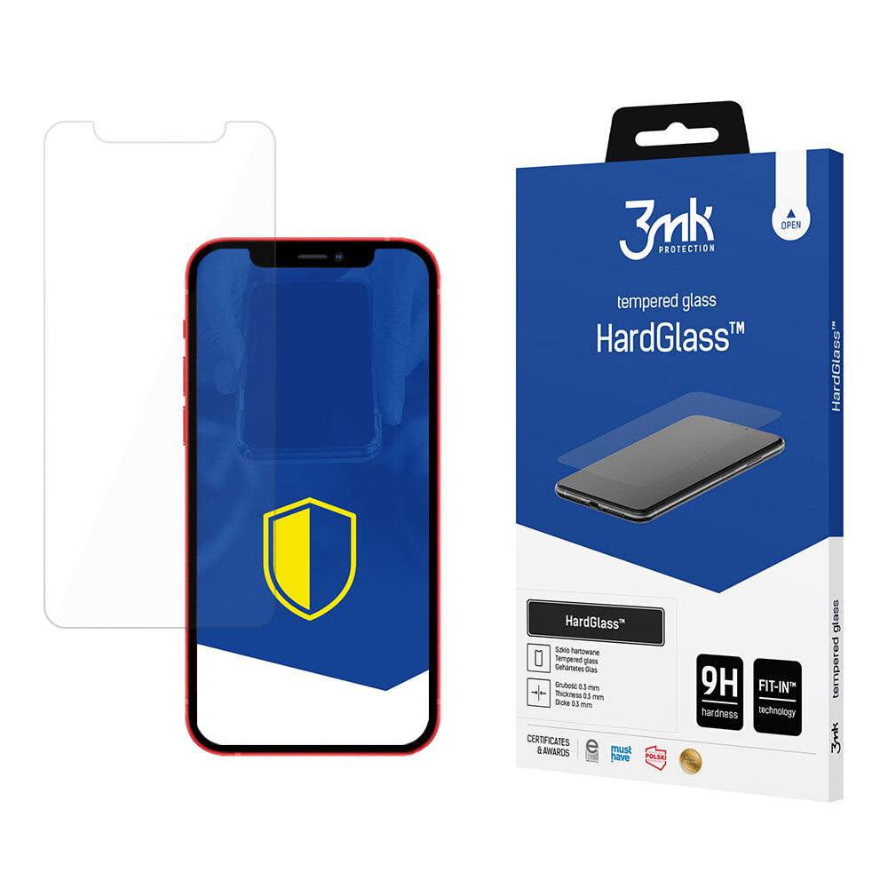 3mk Protection gehärtetes Glas HardGlass™ für Smartphones, zeigt Verpackung und Glasanwendung auf Telefon mit gelbem Schildsymbol.