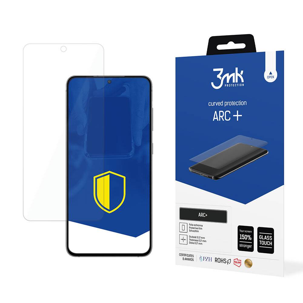 Displayschutzfolie für Telefone von '3mk' mit 'ARC+' gewölbtem Schutz. Die Verpackung zeigt ein Produktbild und hebt verstärkte Displayfestigkeit hervor.