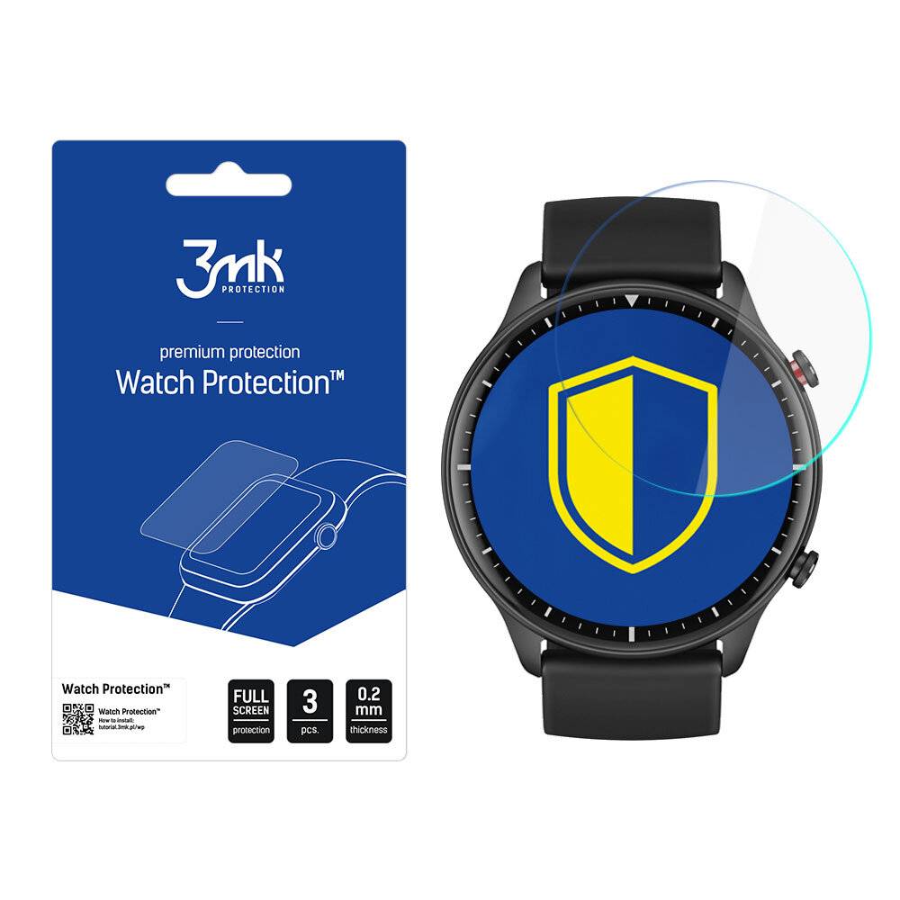 Eine Smartwatch mit einem blauen und gelben Schildsymbol auf ihrem Display wird neben einer Verpackung mit der Aufschrift „Watch Protection