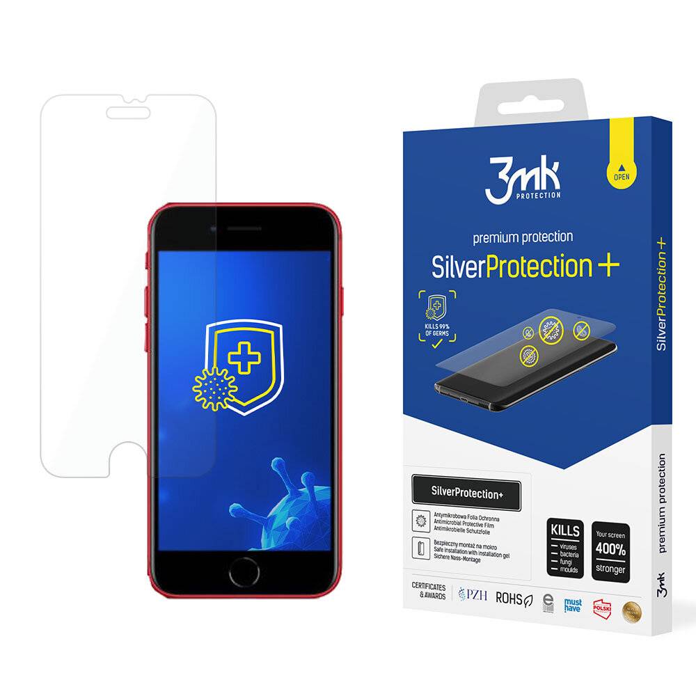 Ein Smartphone mit einem medizinischen Schild-Symbol auf dem Bildschirm befindet sich neben einer Box mit der Aufschrift „3mk SilverProtection+