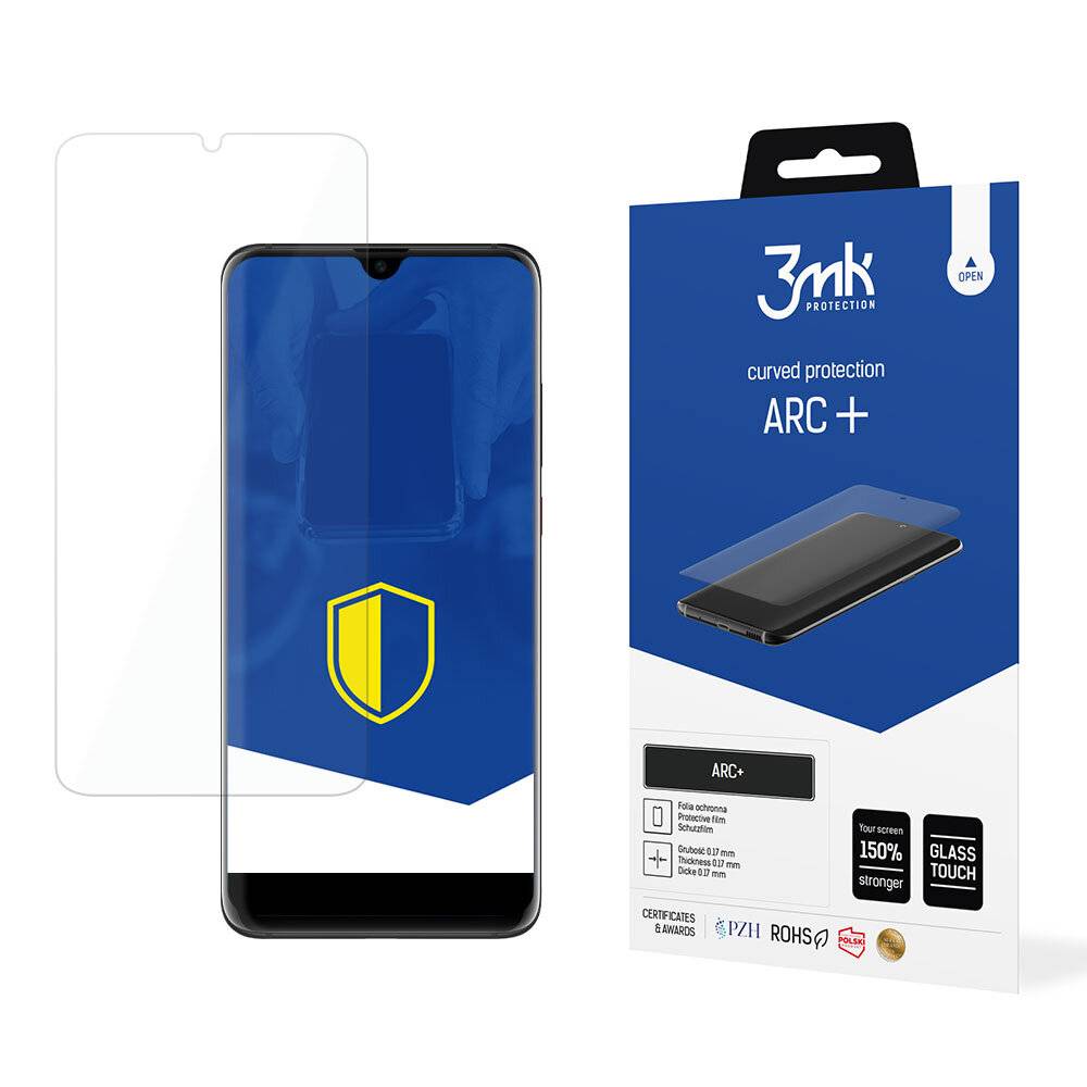 3mk Arc+ Displayschutz mit gekrümmtem Bildschirm für Smartphones, Verpackung gezeigt mit Telefon und Schutzfolie. Hebt Glassensibilität und Festigkeit von 150% hervor.
