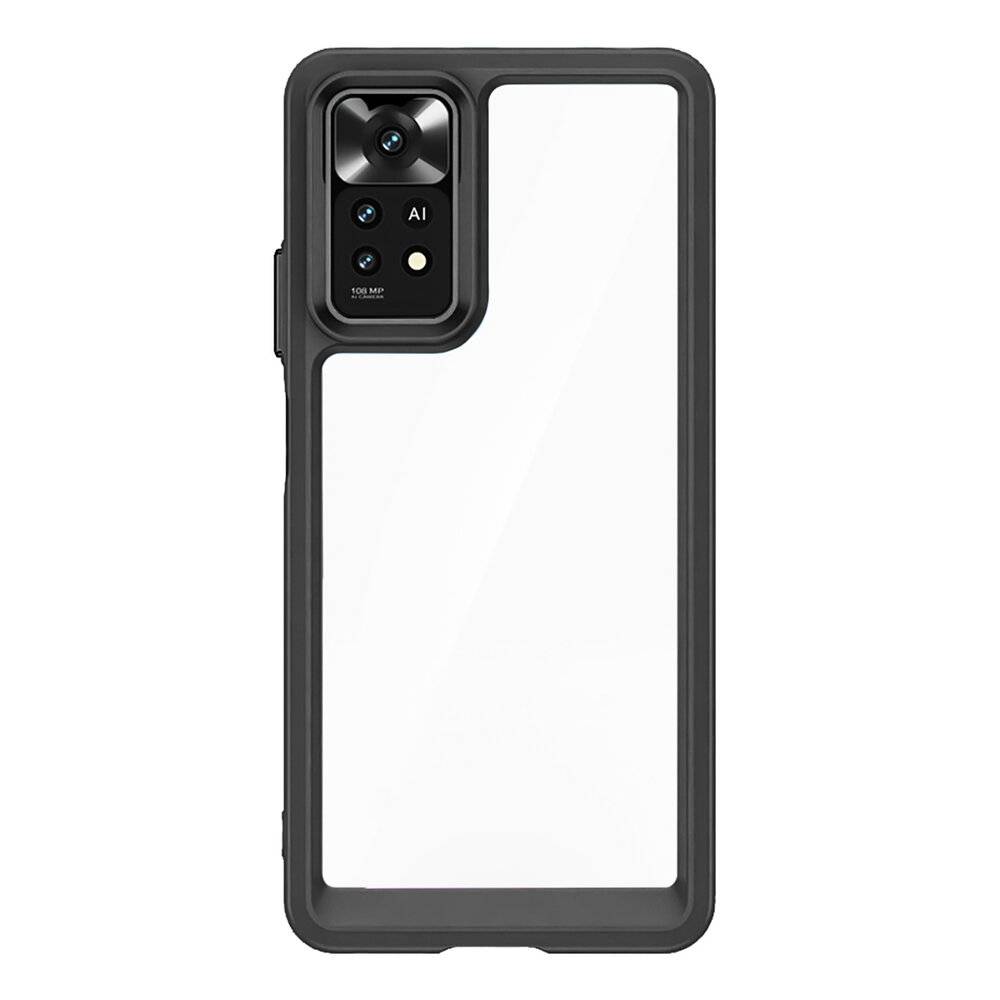 Ein transparentes Smartphone-Case mit schwarzem Rand, das die Kamera und Tasten des Telefons freilegt und gleichzeitig Schutz bietet, während die Sichtbarkeit des Geräts erhalten bleibt.