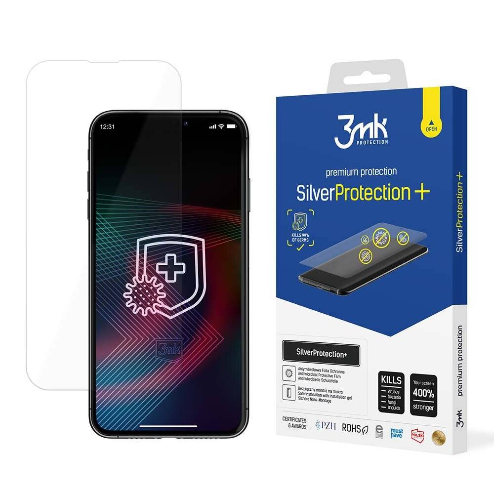 Ein Smartphone mit einer Displayschutzfolie wird gezeigt; neben dem Smartphone befindet sich die Verpackung für 3mk SilverProtection+, die die Antivirus-Funktionen hervorhebt.