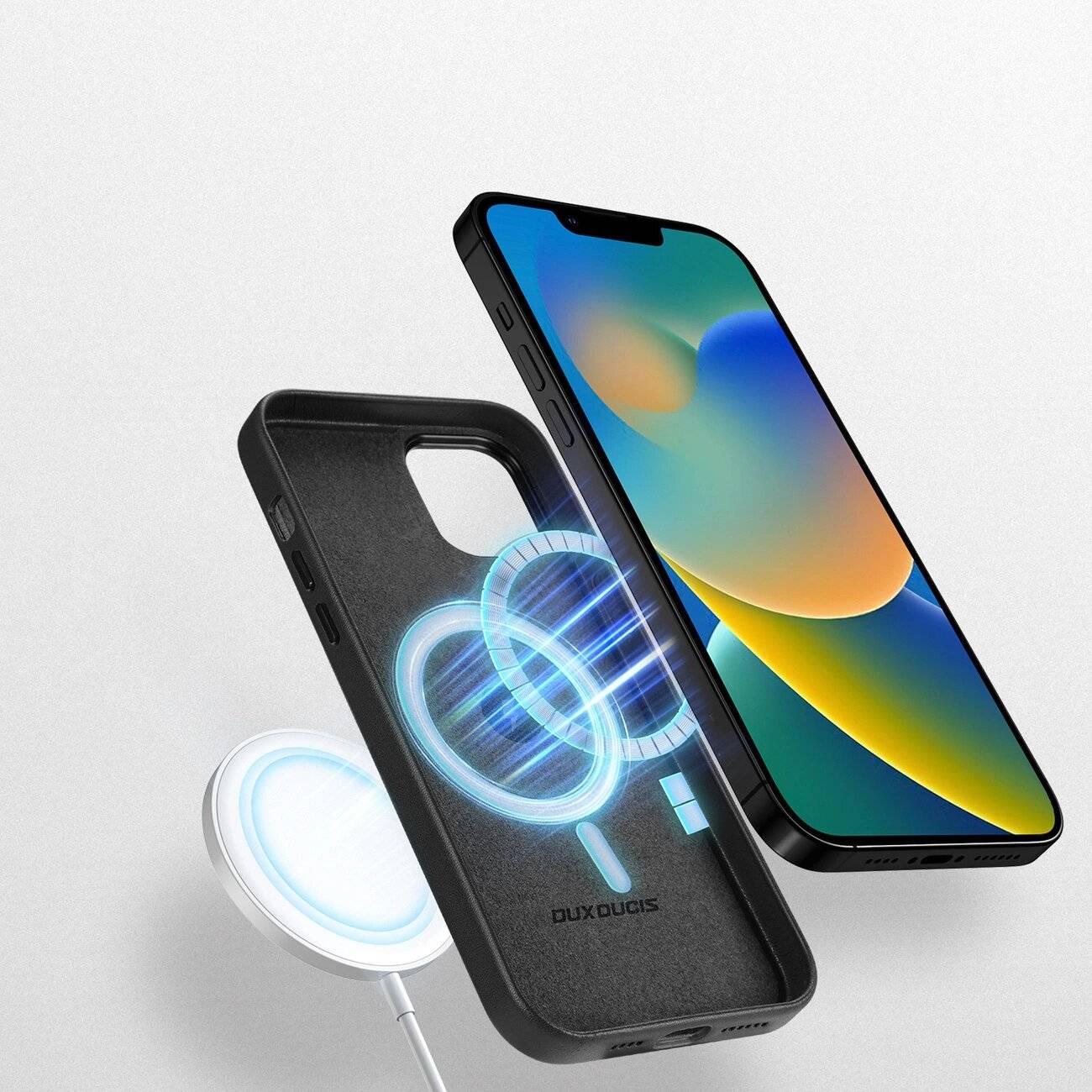 Dux Ducis Grit Ledertasche iPhone 14 Plus Elegante Kunstlederhülle MagSafe-kompatibel Schwarz