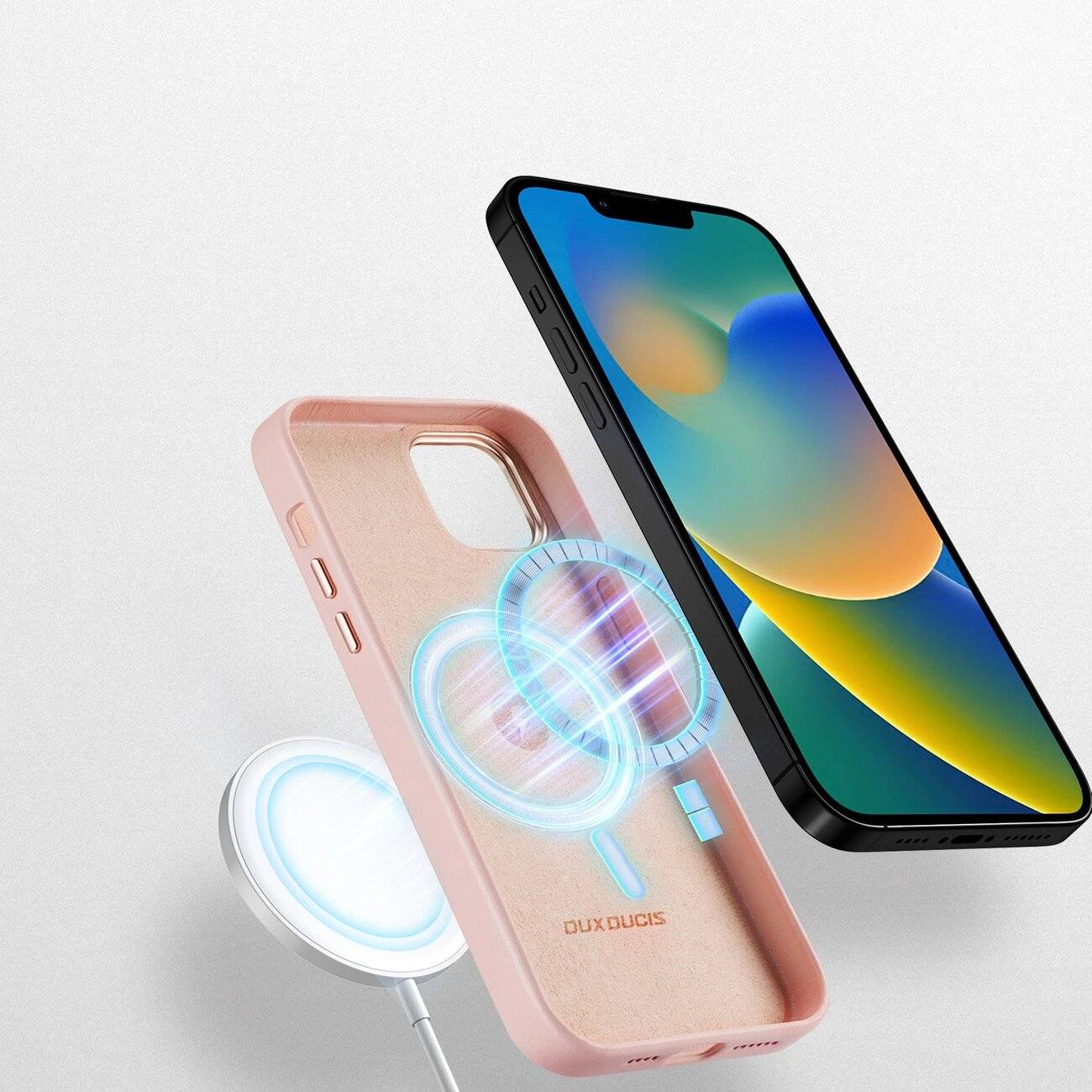 Dux Ducis Grit Ledertasche iPhone 14 Plus Elegante Kunstlederhülle MagSafe-kompatibel Rosa