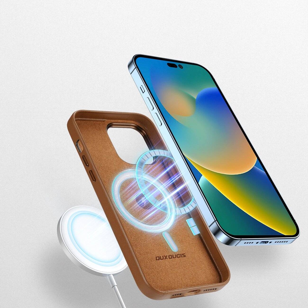 Dux Ducis Grit Ledertasche iPhone 14 Pro Max Elegante Kunstlederhülle MagSafe-kompatibel Braun