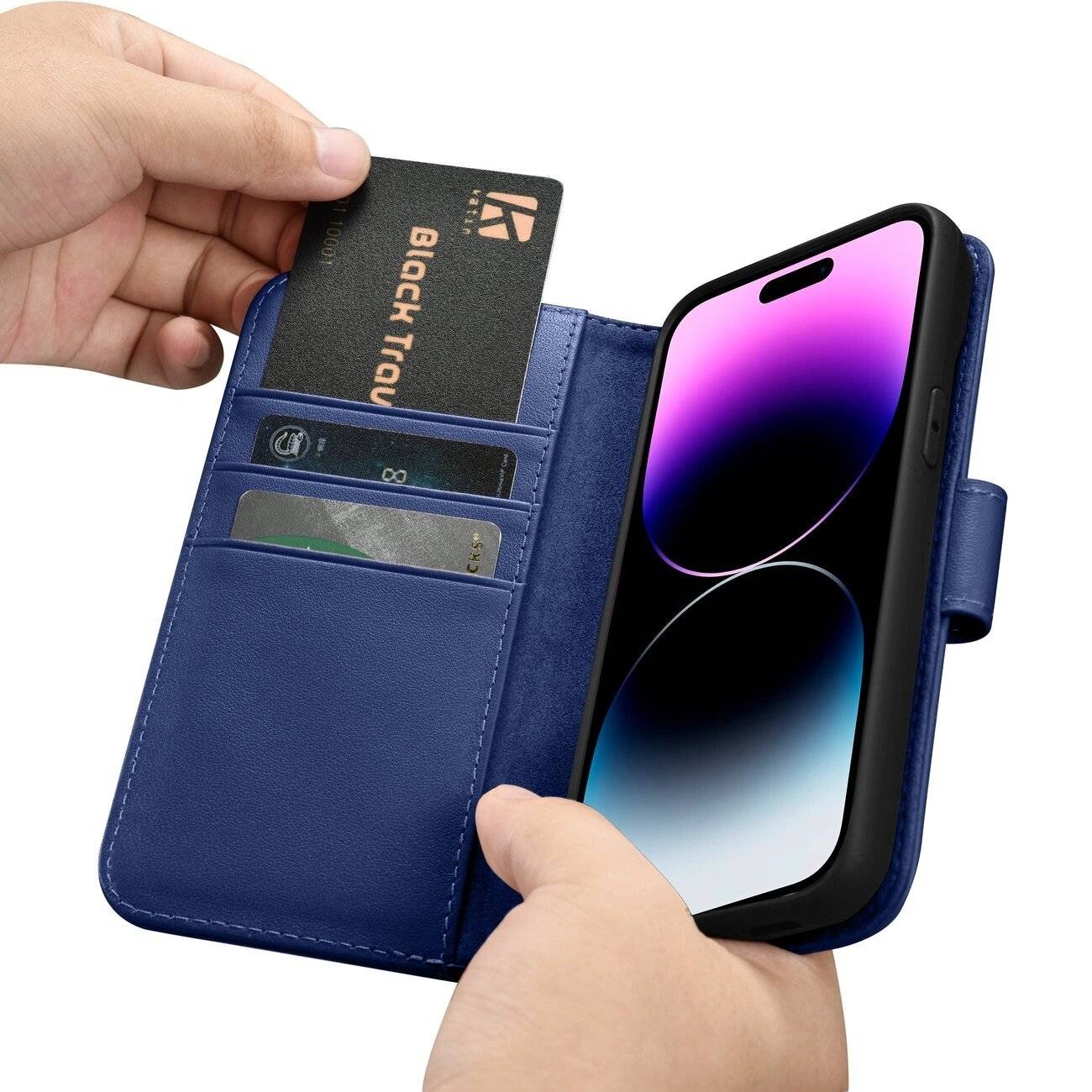 iCarer Wallet Case 2in1 Cover iPhone 14 Pro Leder Flip Anti-RFID blau WMI14220726-BU