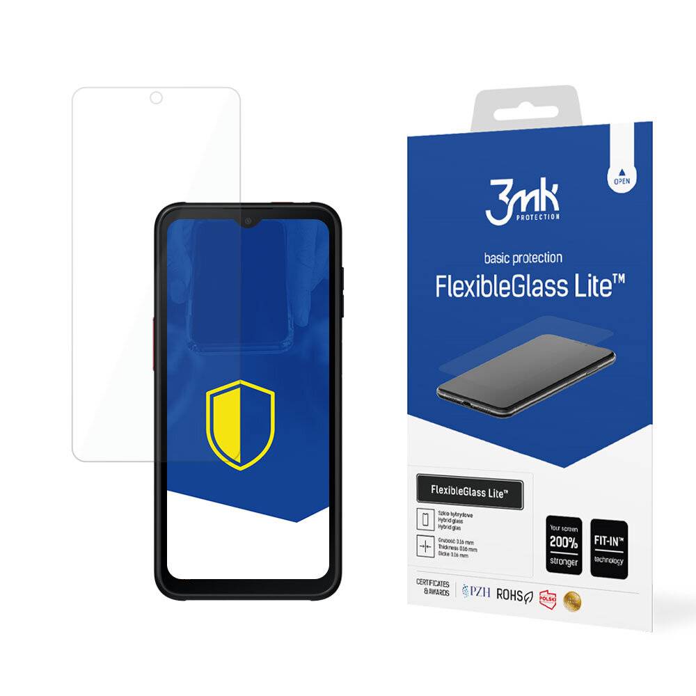 Ein Smartphone mit einer Displayschutzfolie neben seiner Verpackung mit dem Label „FlexibleGlass Lite